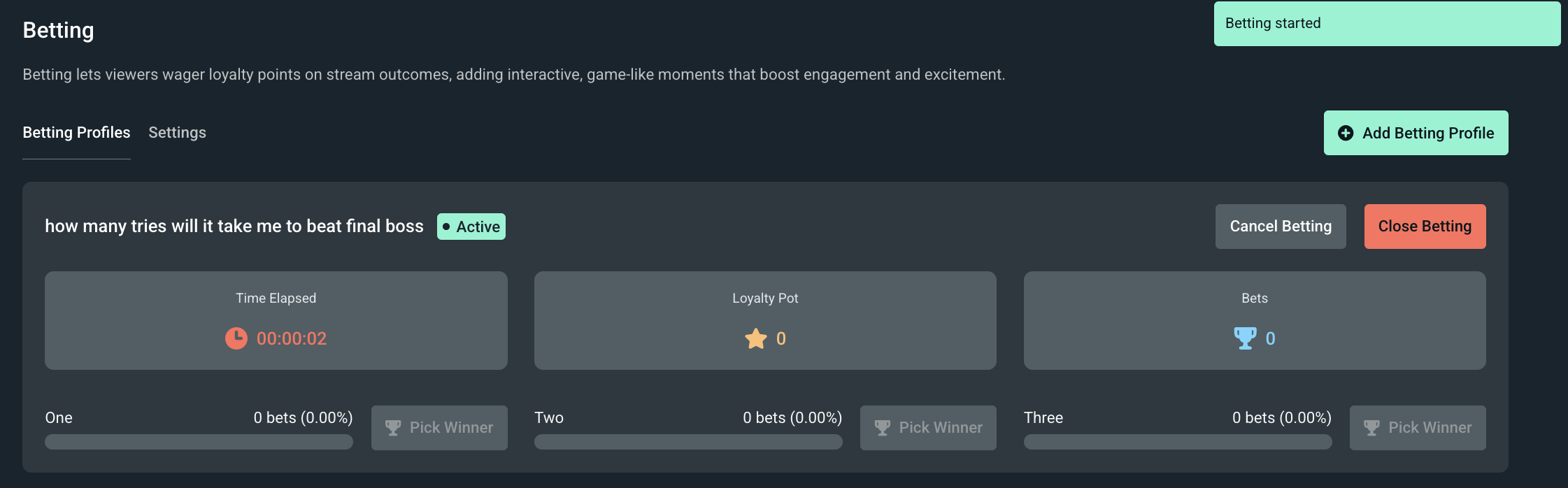 Betting started page with time elapsed, loyalty pot, bets, and which option is winning so far